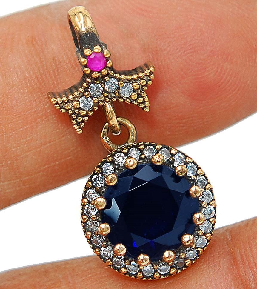 1CT Treated Sapphire Ottoman Empire Style Sterling Silver Pendant TC4