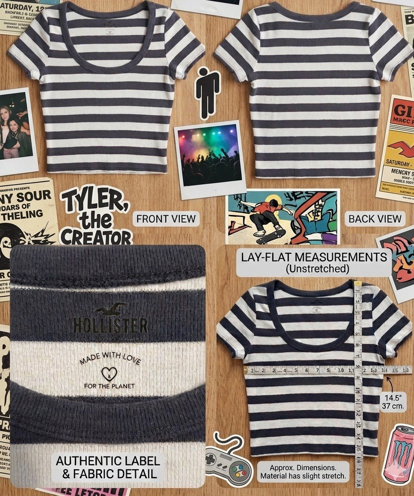 Hollister Women's L Navy/White Striped Ribbed Knit Crop Tee Slim Fit Scoop Neck