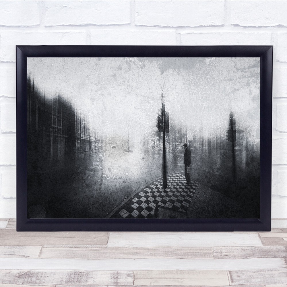 Black & White Street urban blurry illustration Wall Art Print
