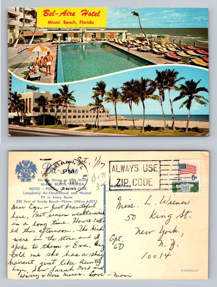 Miami Beach, FL-Florida, Bel Aire Hotel Pool Oceanfront Lounge Vintage Postcard