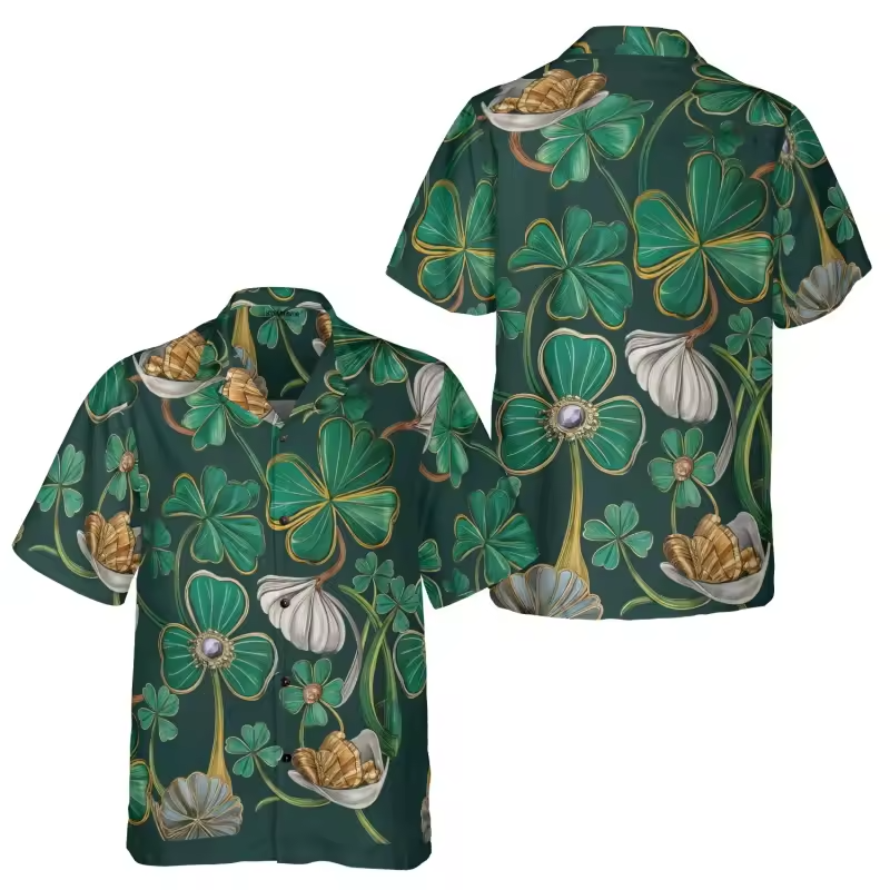 St. Patrick’s Day Lucky Clover Hawaiian Shirt Button Front Casual Wear