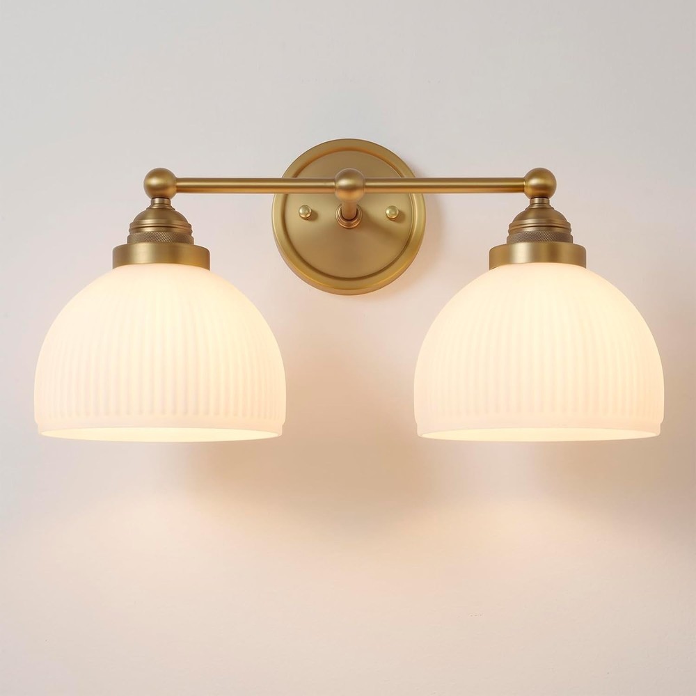 2-Lights Milk White Glass Wall Sconce Lighting Brass Finished, Double Arm