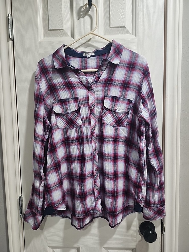 Kut From The Kloth Womens Shirt Long Sleeve Plaid Snaps  Patriotic Size L