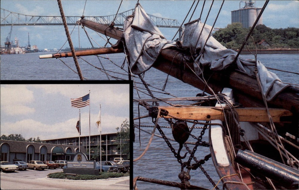 Savannah Georgia Riverfront Inn sailboat entrance hotel flag vintage postcard