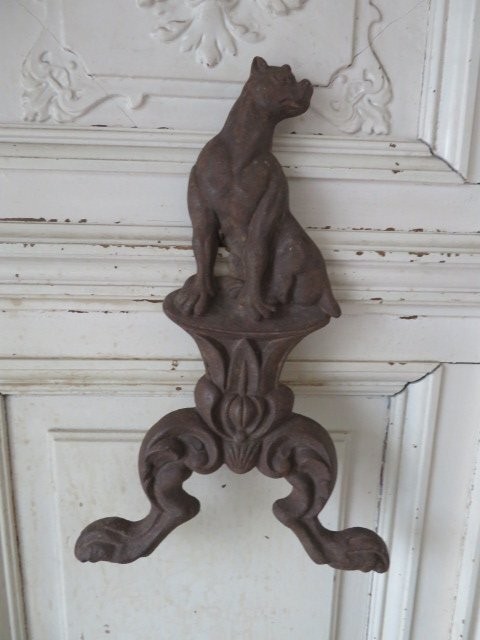 Awesome Old Vintage Cast Iron DOG Fireplace Andiron FRONT Fire Dog Hangs