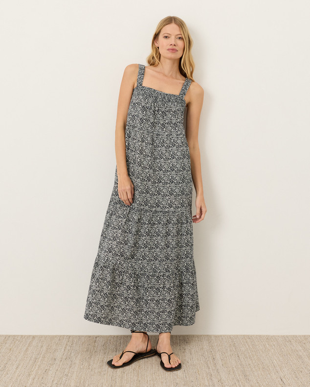 PACT Organic Coastal Double Gauze Strappy Tiered Maxi Dress - Bohemian Dreams Bl