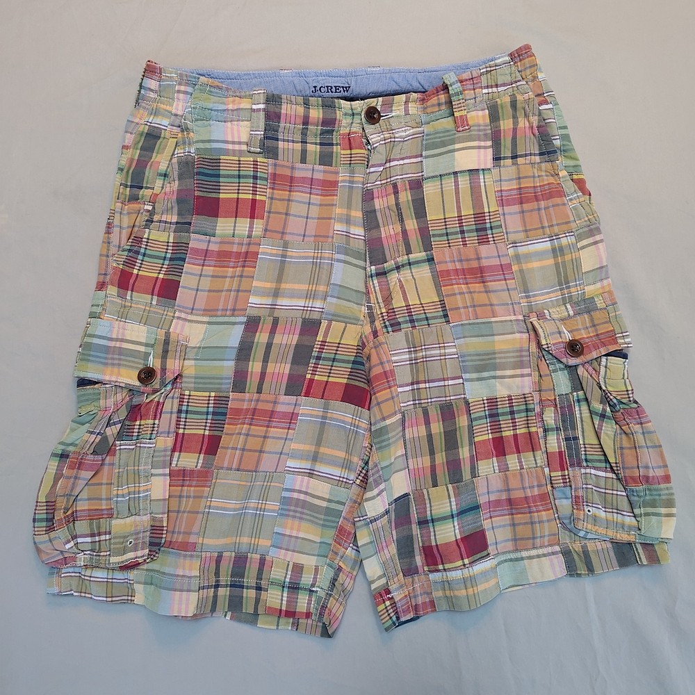 Vintage J.Crew Cargo Shorts Mens 30 Madras Patchwork Plaid Multi-Color Cotton