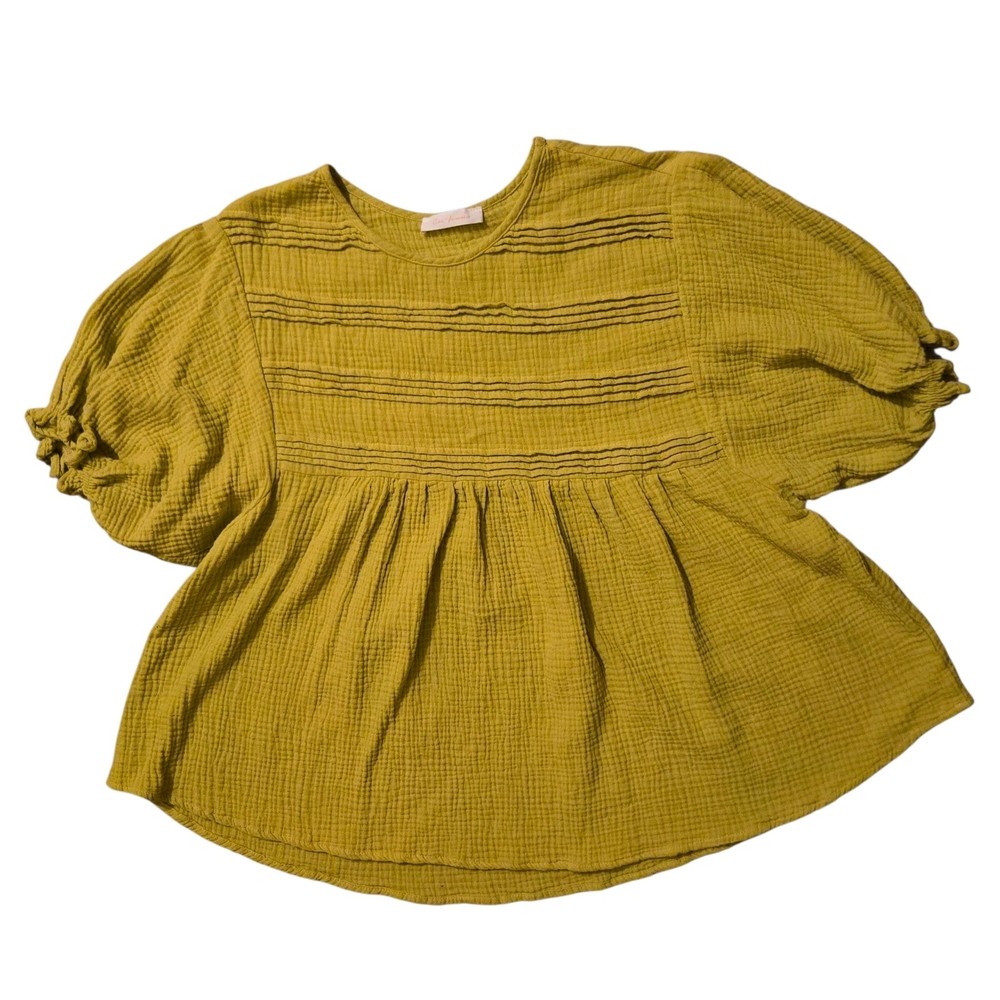 Ces Femme Gauzy Kiwi Green Top Small Puff Sleeve Top Baby Doll Boho Beachy