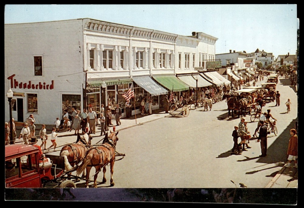 Mackinac Island Main Street Horse Carriage & People Michigan Postcard Vintage