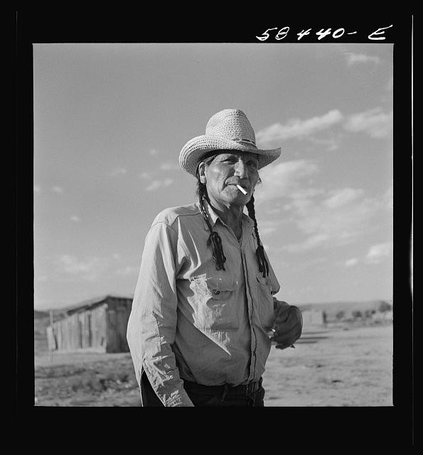 Photo:Lame Deer Montana Cheyenne Indian Portrait 1941 Smoking Cowboy Hat