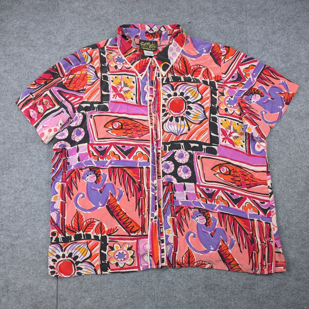 Bob Mackie Silk Blouse Womens 2X Wearable Art Novelty Button Up Animal Whimsical