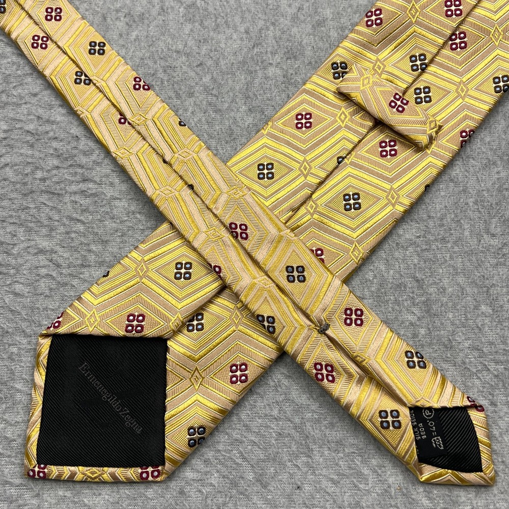 Ermenegildo Zegna Tie Yellow Gold Geometric Floral 100% Silk 58