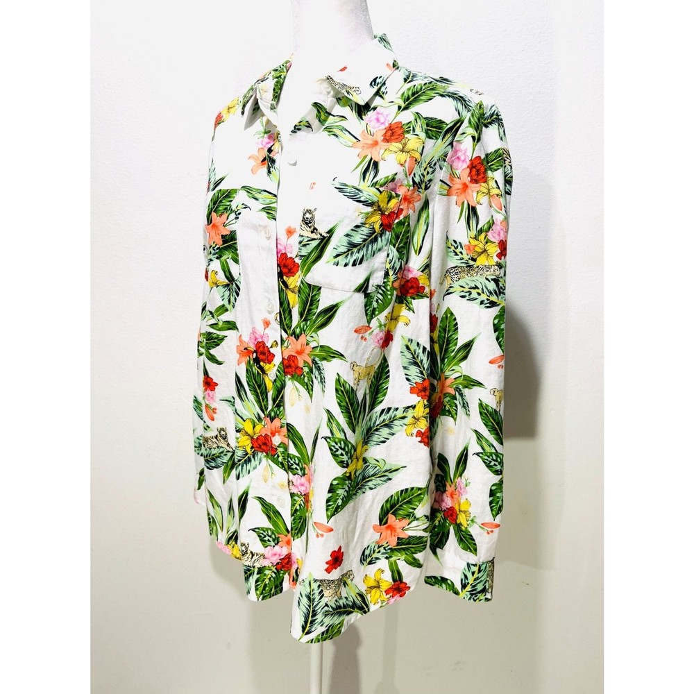 Charter Club linen button up shirt tropical floral monkey tiger vacation women S