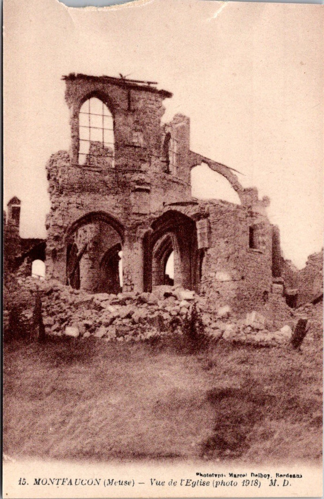 Montfaucon Meuse 1918 – Ruined Church WWI Collotype Postcard Delboy France