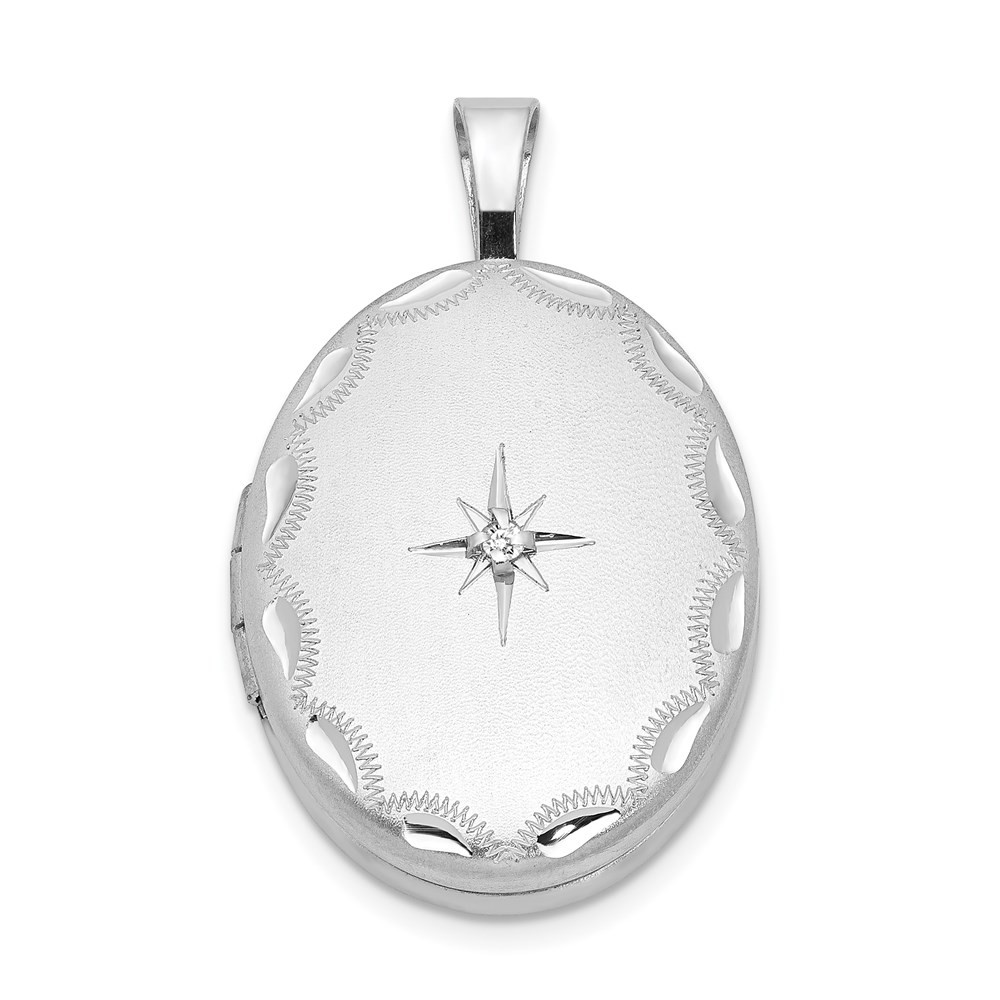 Sterling Silver Rhodium-plated & Diamond Side Scallops 19mm Oval Locket Pendant