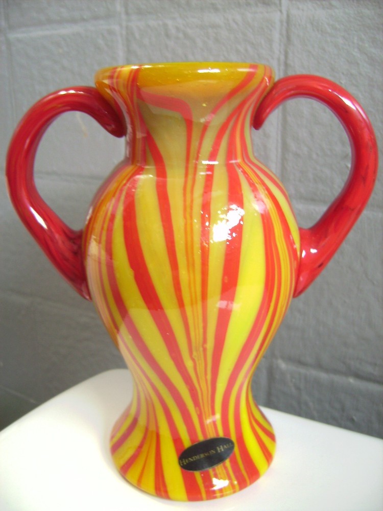 Fenton Dave Fetty One-Of-A-Kind 2022 Red And Yellow Striped Double Handled Vase