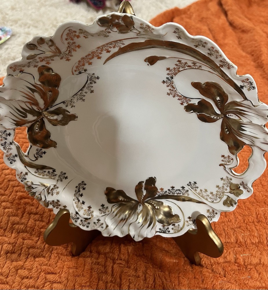 Antique German Porcelain Iris Plate Gold Gilt Art Nouveau Serving Tray 10”