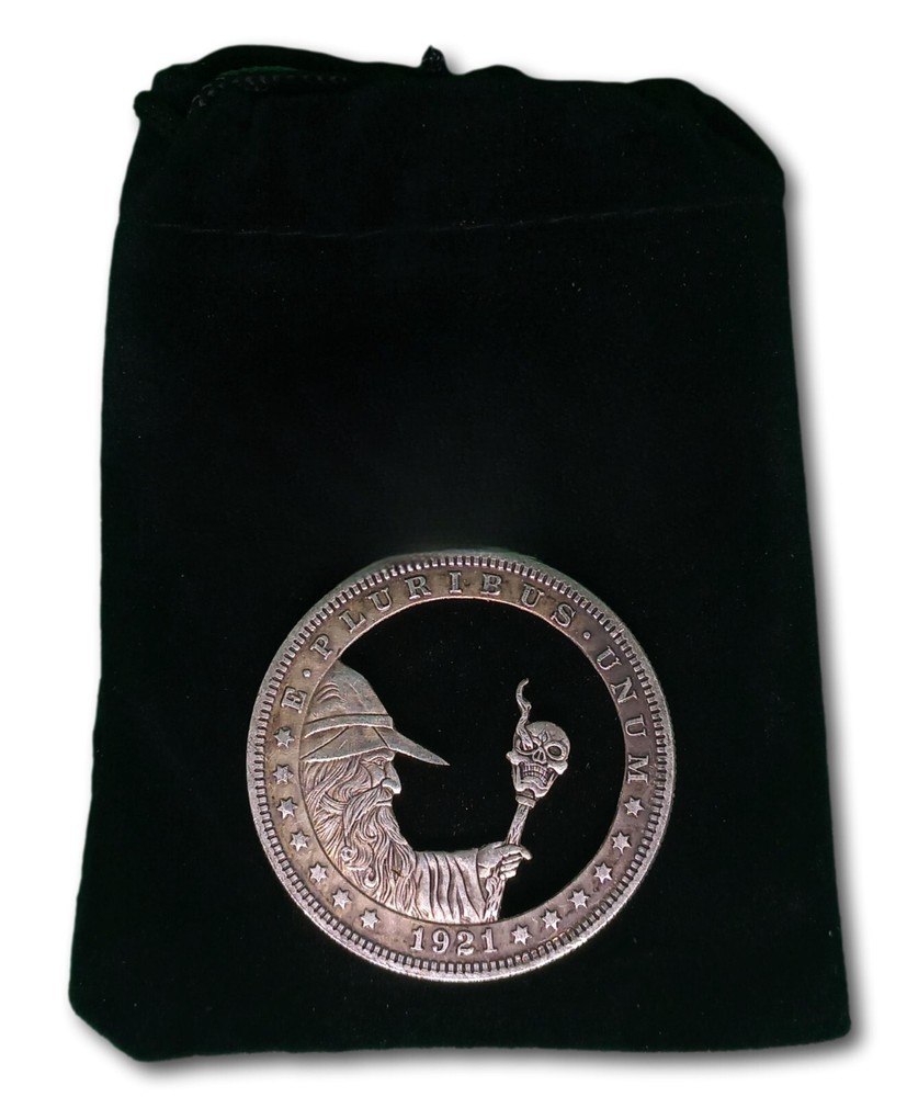 Cut Coin Dollar Wizard Skull Staff Dark Magic Goth Fantasy Art Hobo Coin