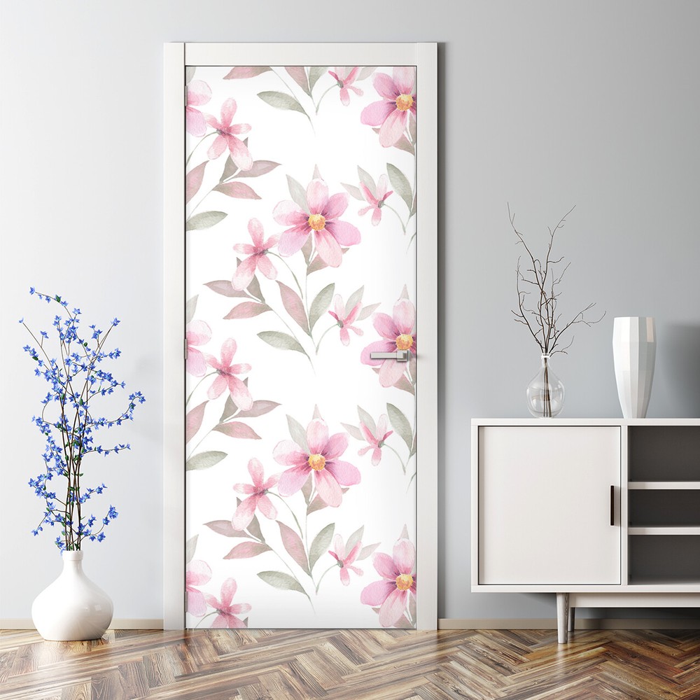 Delicate Floral Renters Pink flowers with leaves Self Adhesive Door Decal