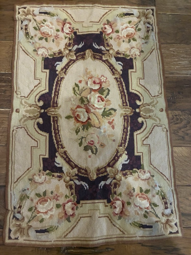 Vintage Needle Point French Aubusson Style Rug 21 X 32 Ines Floral Roses