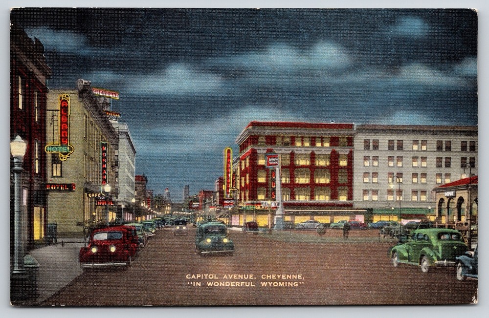 Cheyenne Wyoming~Capitol Avenue At Night~Vintage Linen Postcard