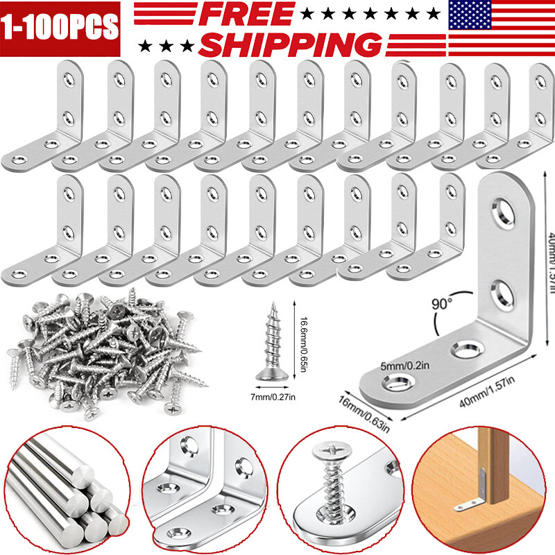 10-100x L-Shaped Brackets Right Angle Corner Brace Hardware Cabinets Furniture