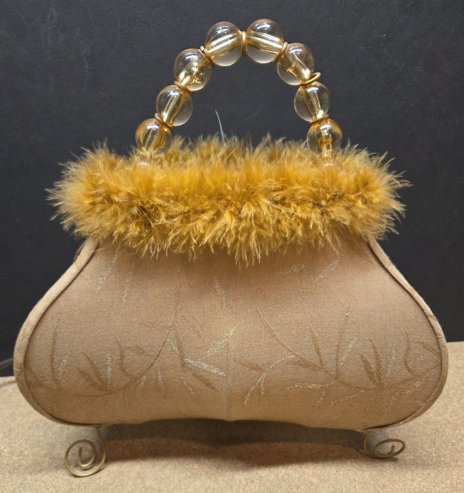 PURSE LAMP Table Top Light Vintage Style NIGHT orange copper fuzzy fur