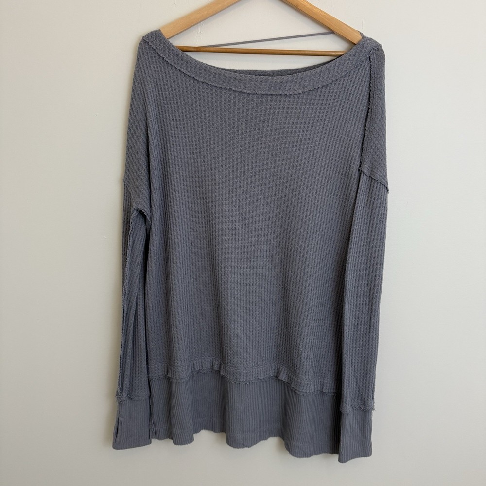 We The Free People Shirt Distressed Blue Gray Waffle Knit Thermal Oversized XS