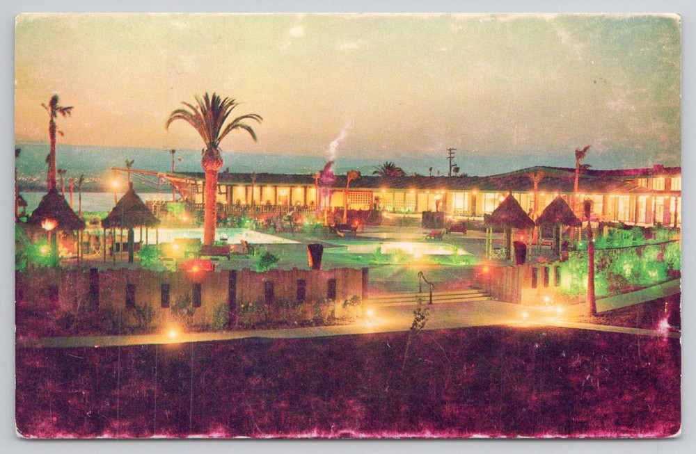 Vintage Hilton Inn Postcard San Diego Mission Bay Night View Tiki Tropical