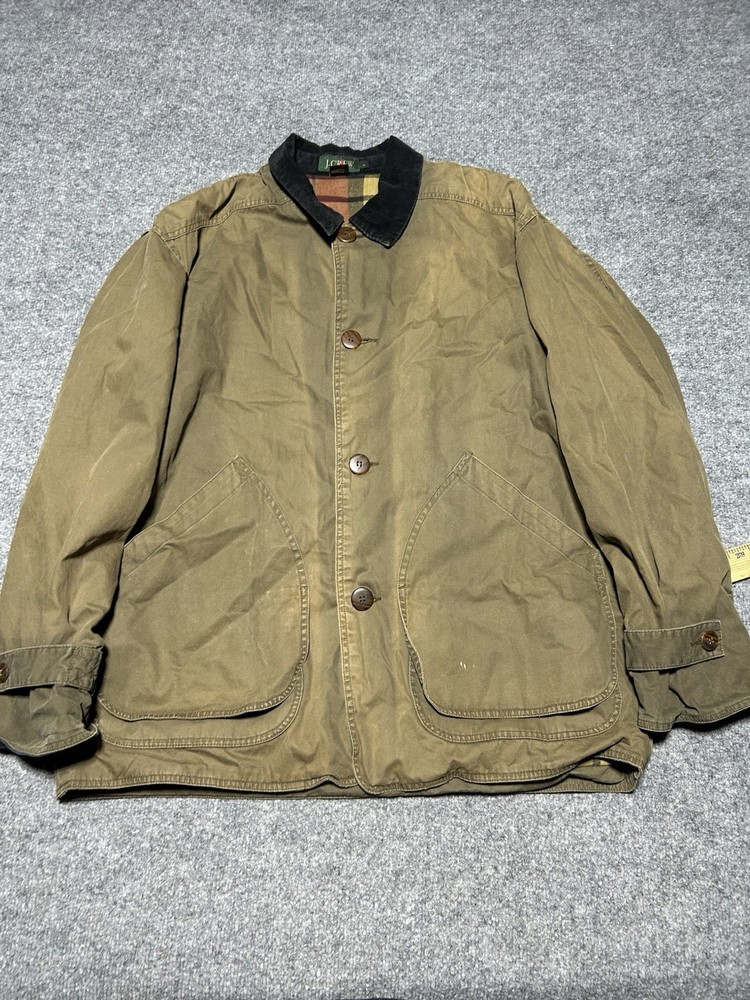 VINTAGE J Crew Barn Coat 90s Jacket Mens L Green Flannel Lined Workwear Canvas