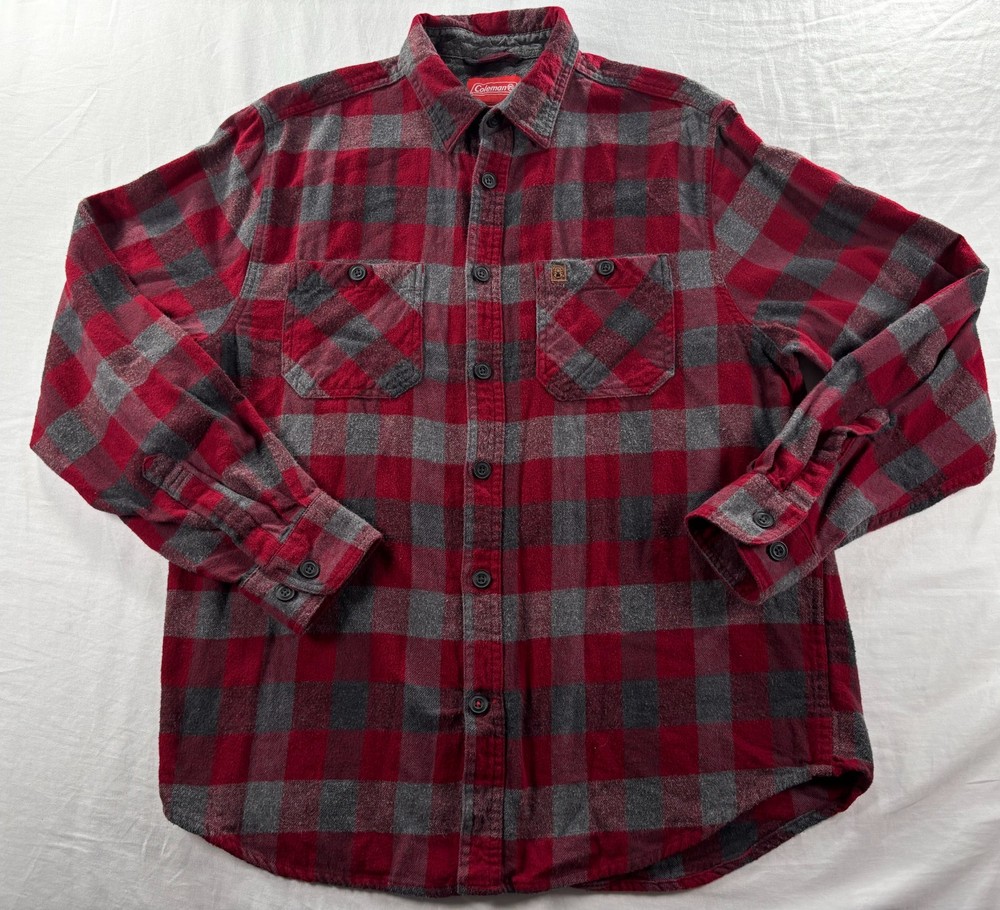 COLEMAN Plaid Shirt Mens Sz Large Red Gray Flannel Long Sleeve 100% Cotton