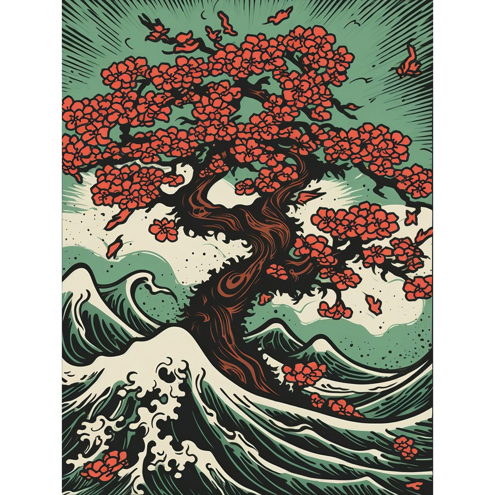 Japanese Cherry Blossom Tree Wavy Sea Americana 50s Wall Art Poster Print Giant