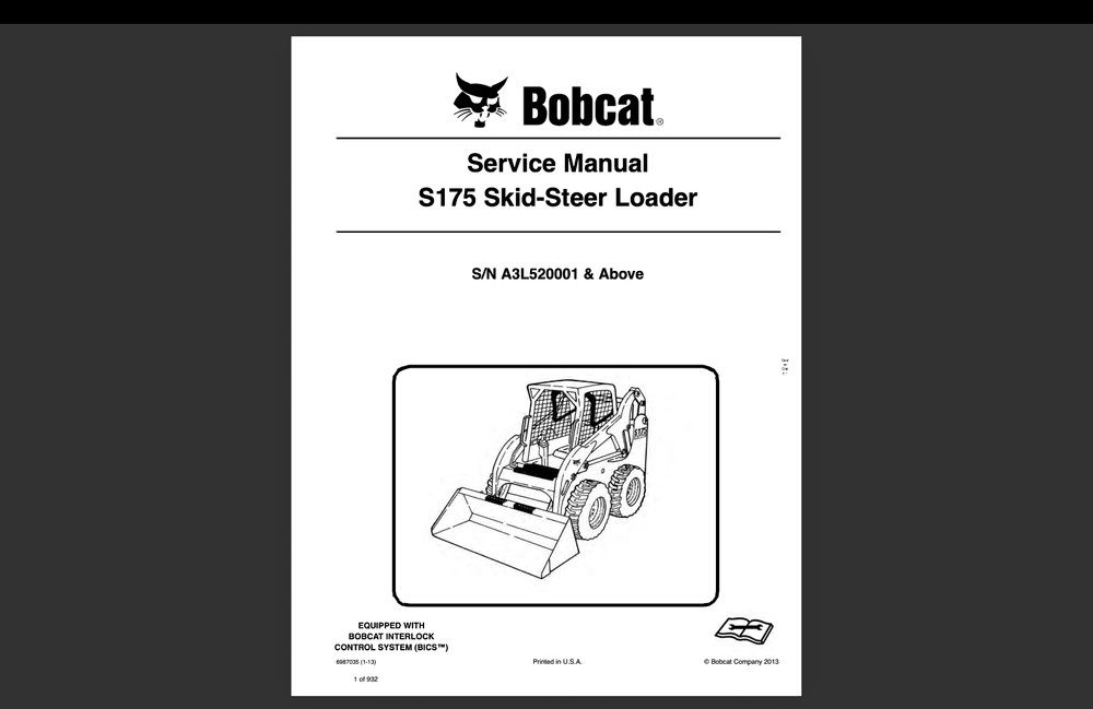 Bobcat S175 S/N A3L520001 Service Repair Manual, Workshop Manual