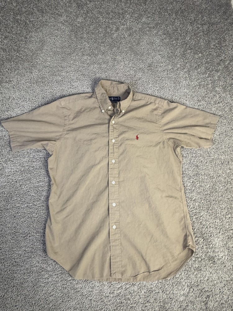 Ralph Lauren Shirt Mens M Beige Short Sleeve Button Up Embroidered Classic Fit