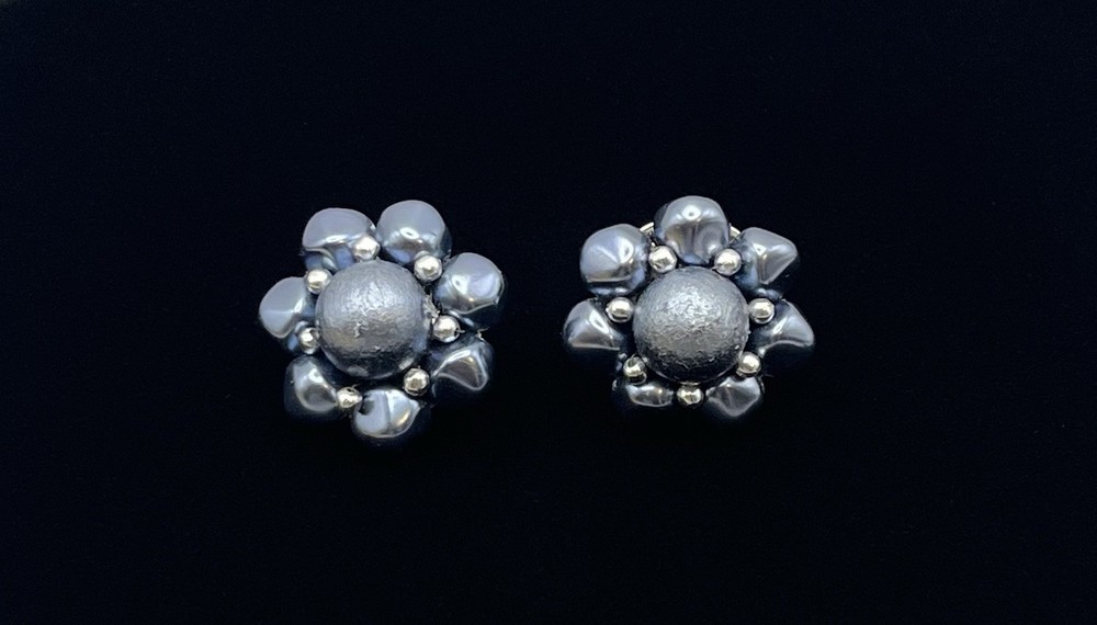 Vintage Karu Blue Moonglow Lucite Cluster and Crystal Silver Tone Clip Earrings