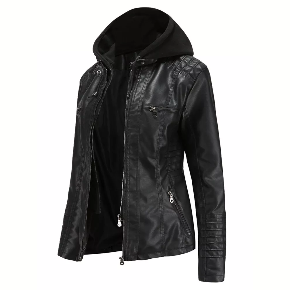 Women's Black Genuine Leather Jacket with Removable Hood