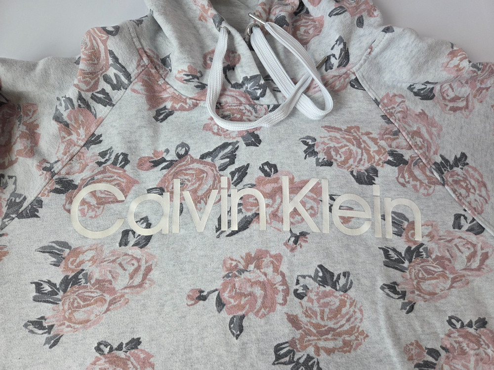 Calvin Klein Sweater Womens Large Gray Pink Floral Hoodie Tropical