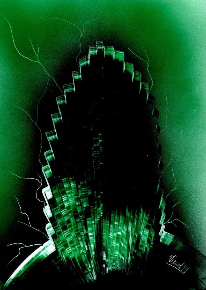 Green Abstract Seashell art with Vertical Line signed by artist Jason Girard.-image