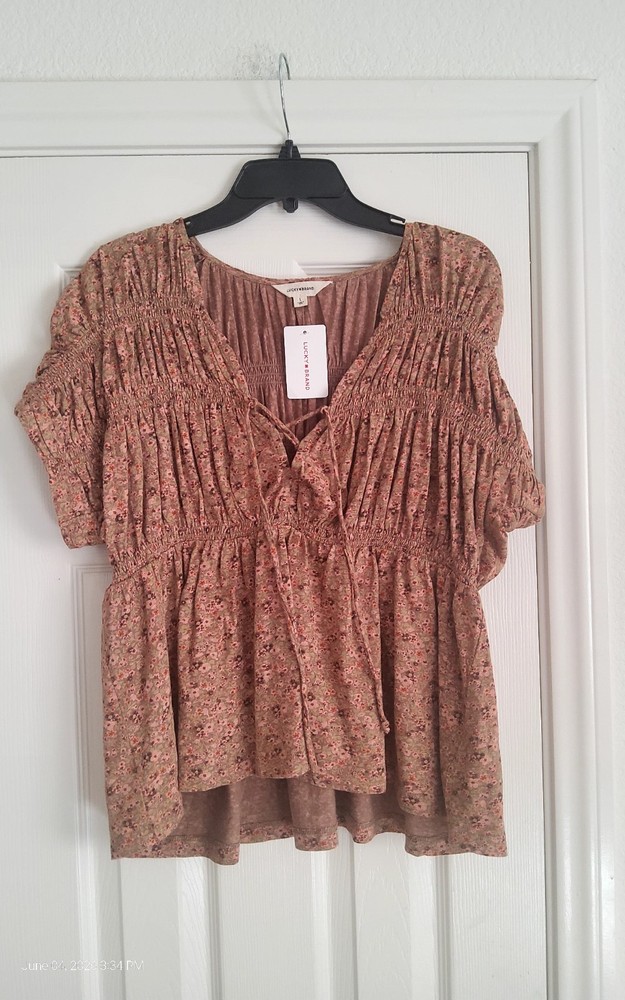 Lucky Brand Brown Floral Rouched Top Sz L