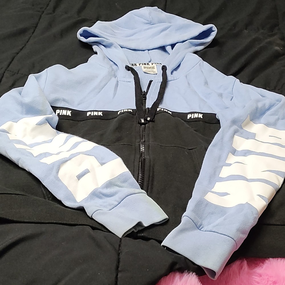PINK Victoria's Secret Full Zip Hoodie Sweatshirt Light Blue READ Black Logo  L
