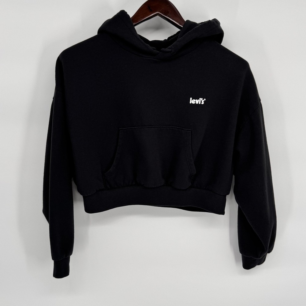 Levi's Hoodie Sweatshirt Womens Medium Black Cropped Fleece Kangaroo Pocket