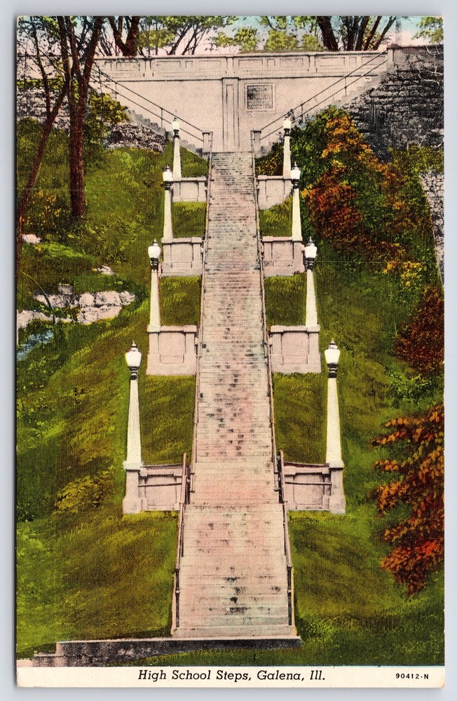 Galena Illinois~High School Steps In Fall~Streetlamps~Vintage Linen Postcard