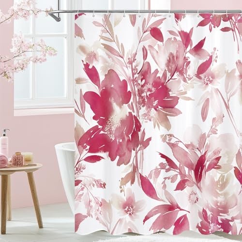 Watercolor Floral Shower Curtain, Red Plant Leaves 72