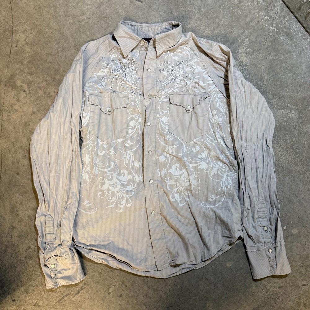 Roper Mens Western Pearl Snap Shirt Tan Embroidered Scroll Long Sleeve Medium