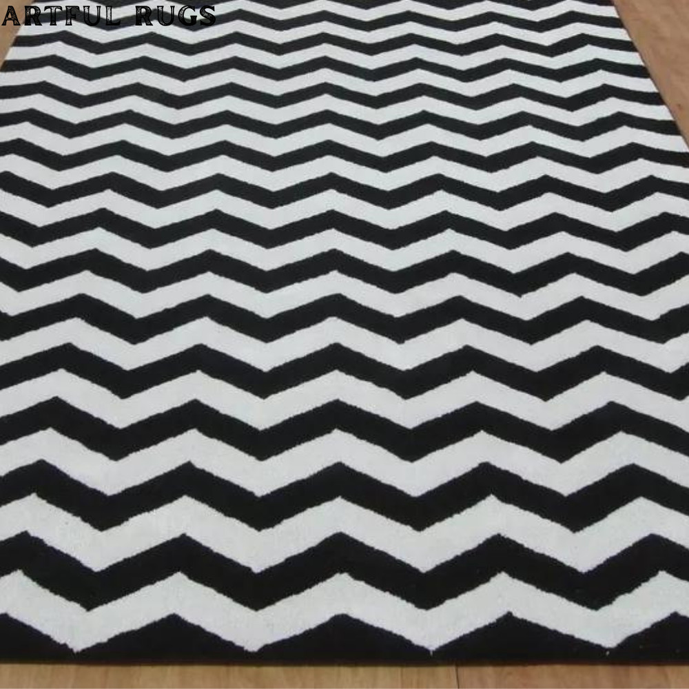 Black White Chevron Area Rug Hand Tufted 100% Wool Modern Zig Zag Carpet