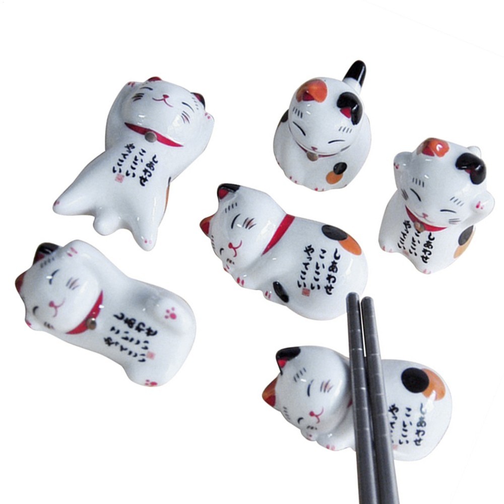 5Pcs Ceramic Lucky Cat Chopstick Rest Kitchen Tableware Stand