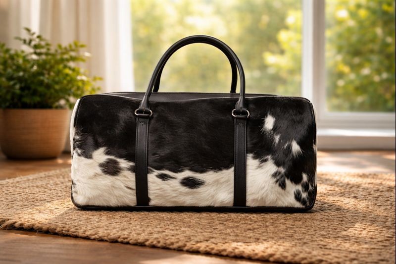 Hair On Cow Hide Duffle Bag, Handmade Leather Weekender Black & White Gym Bag.
