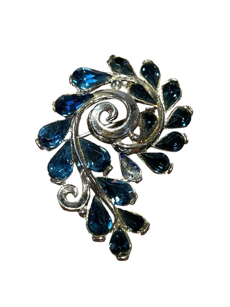 TRIFARI CROWN Brooch Sapphire Blue Rhinestone Silver Tone Vtg Signed READ