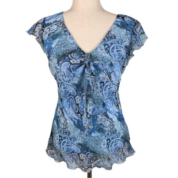 Vintage Y2K Tailor B Moss Babydoll Top Size Medium Blue Paisley Floral Fairycore