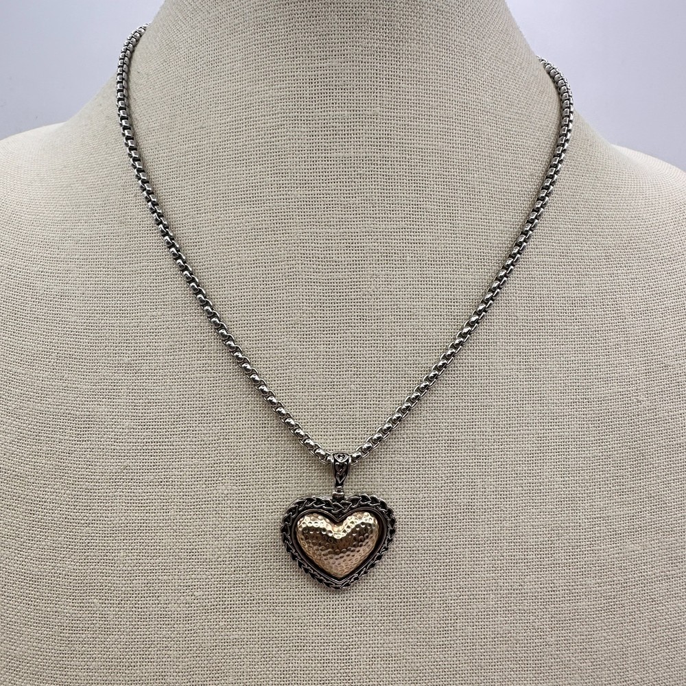 Vintage Y2K Hammered Heart Pendant Necklace Silver Tone Box Chain Jewelry